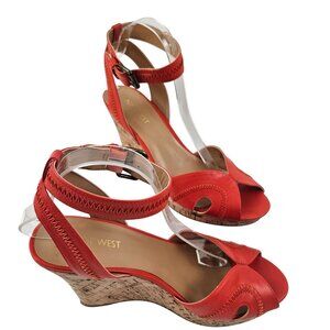 Nine West Sandals Womens Size 8.5M Coral Peep Toe Wedge Ankle Strap Faux Leather
